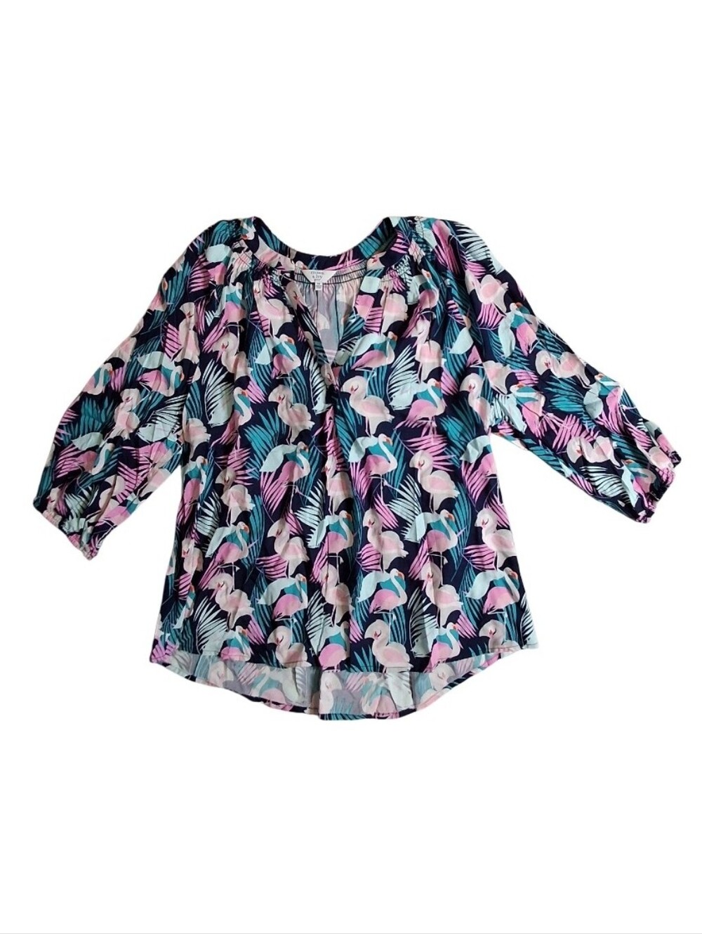 Crown & Ivy Top Women Size Petite Medium Blue Flamingo Resortwear Party